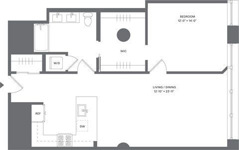 Floor plan for 1 bed, 1 bath, 952 sqft